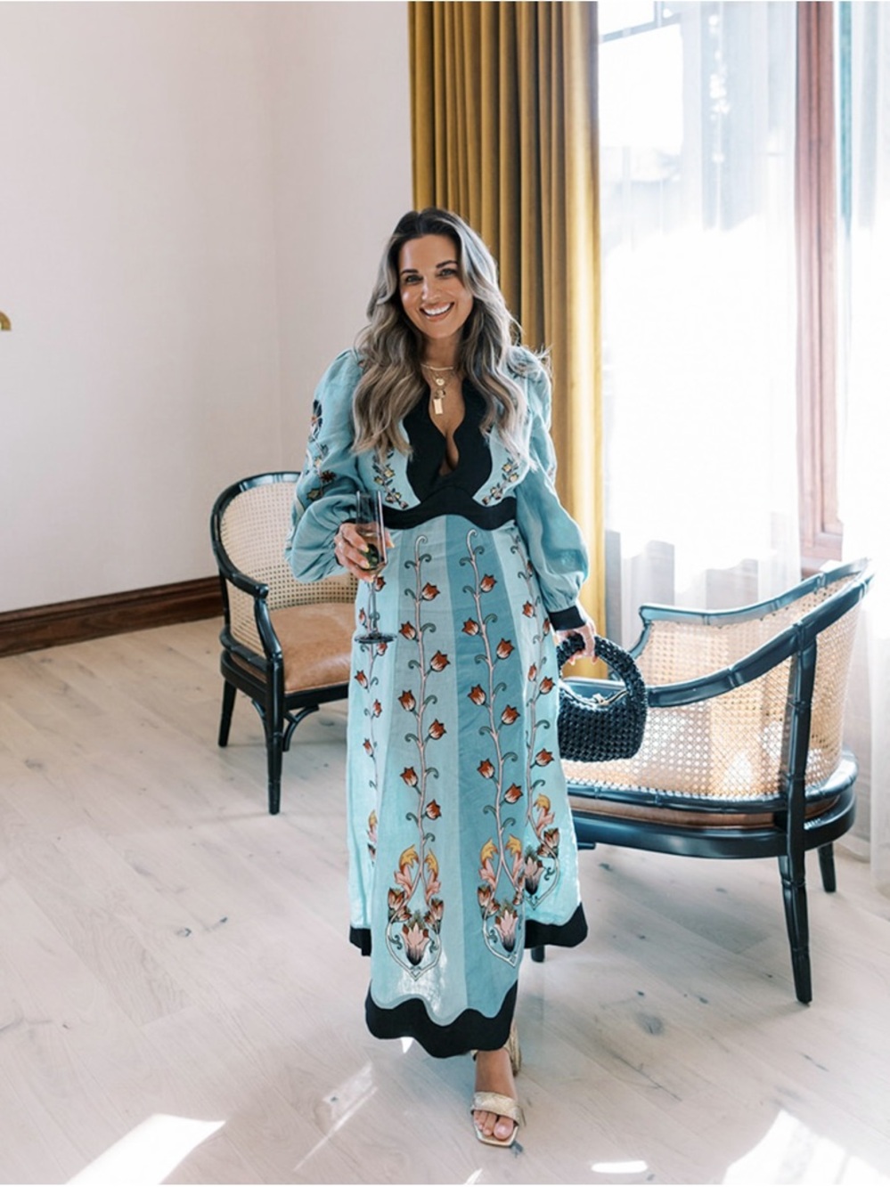 FARM Rio Blue Swan Embroidered Midi Dress with Black Trim - Picture 4 of 5